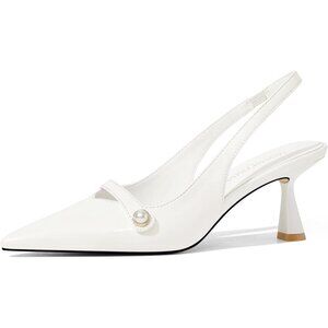 🆕Women Kitten Heels Slingback Pumps Closed Pointed Toe Pearl Heels White